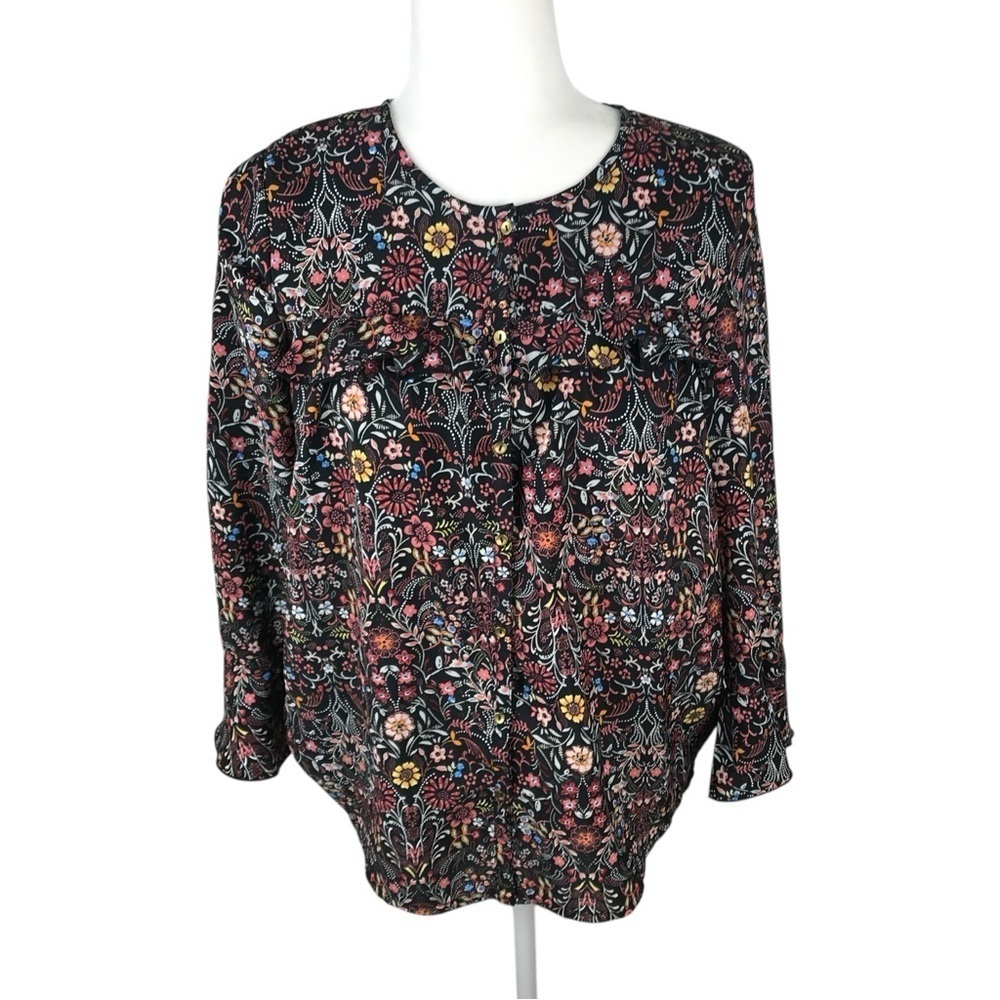 LC Lauren Conrad Black Floral Button Up Blouse Size S